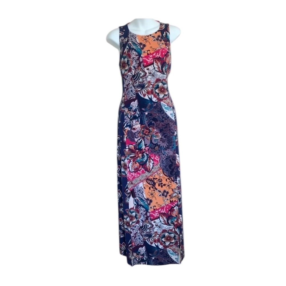 Chico's maxi dress, Women's 4, colorful Floral maxi, sleeveless, side slits. EUC